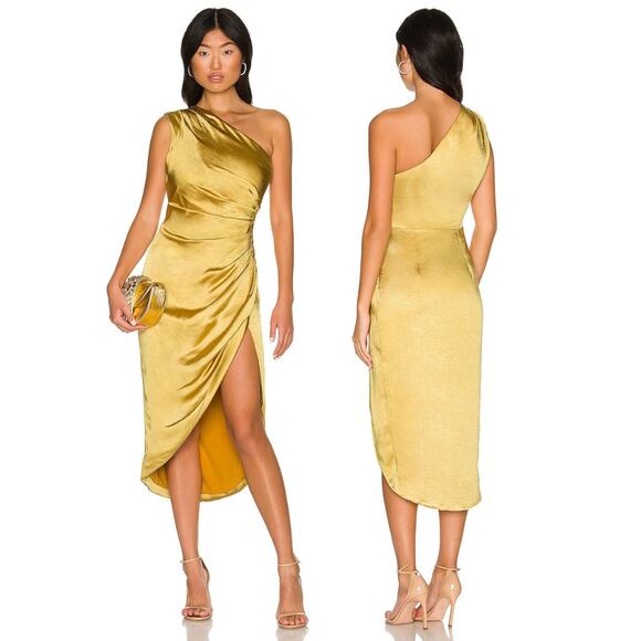 Elliatt x REVOLVE Cassini One Shoulder Dress Hi-Low Satin Ruched Marigold Size M - Picture 1 of 14